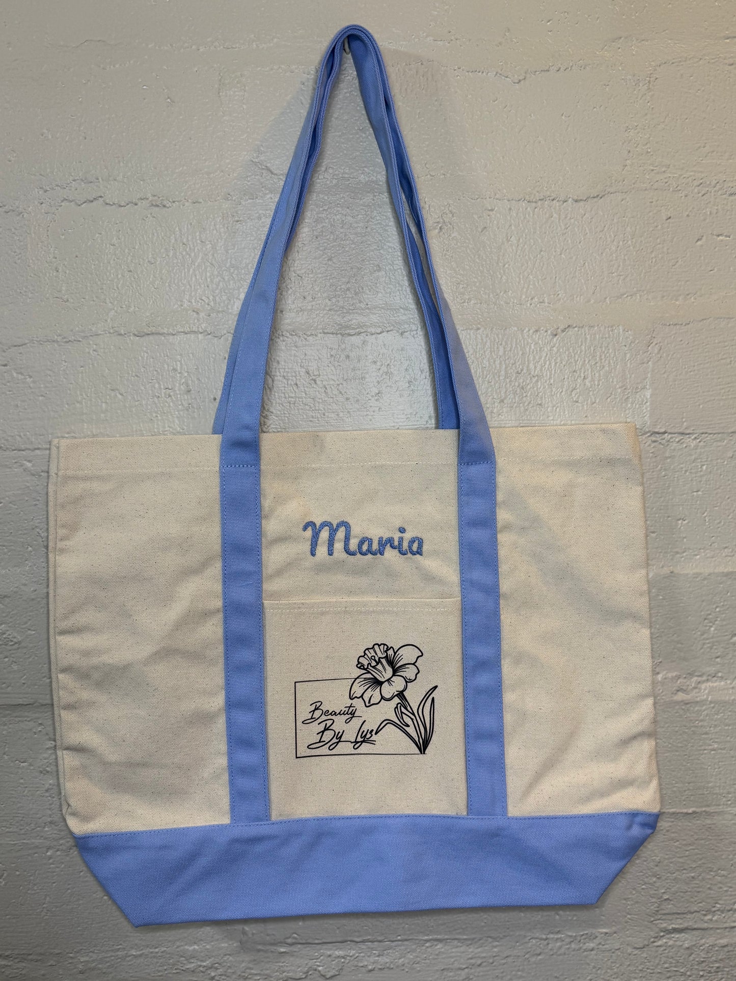 Embroidered Light Blue Tote Bag