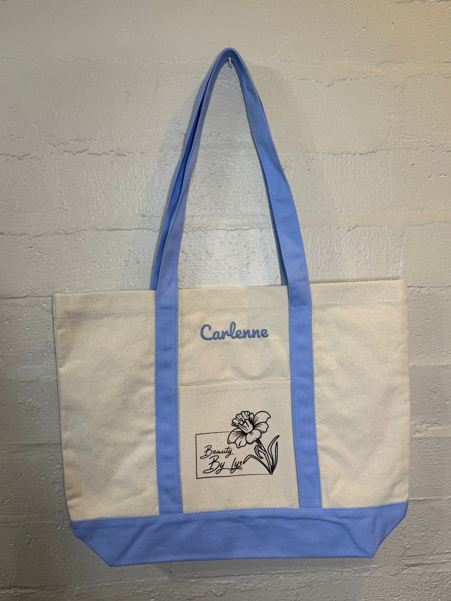 Embroidered Light Blue Tote Bag