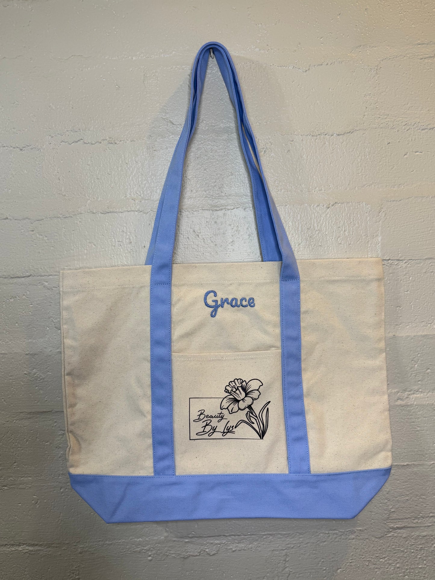 Embroidered Light Blue Tote Bag