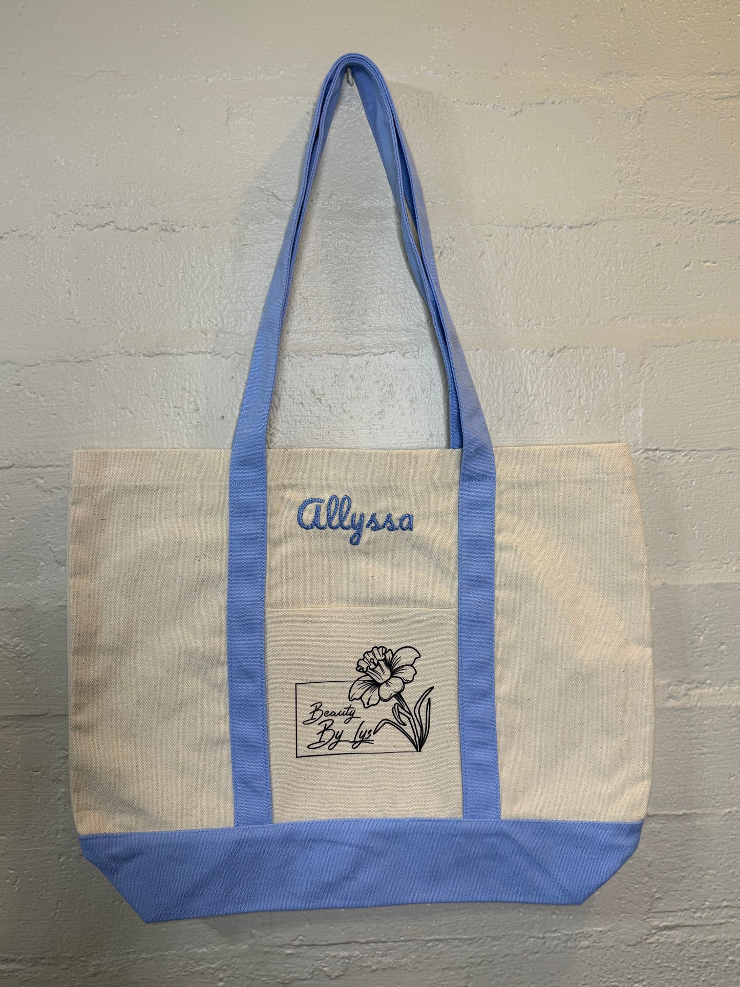 Embroidered Light Blue Tote Bag