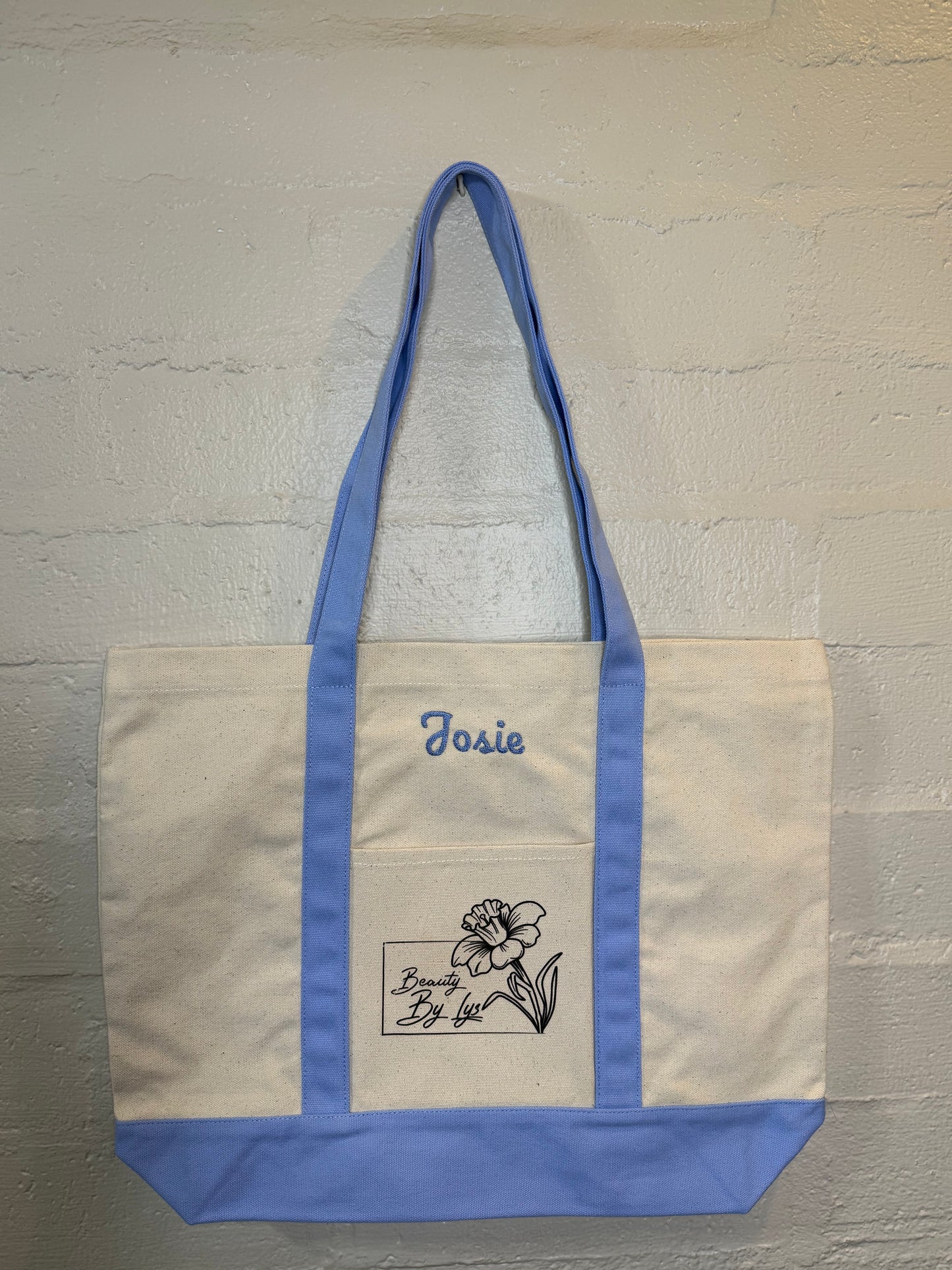 Embroidered Light Blue Tote Bag