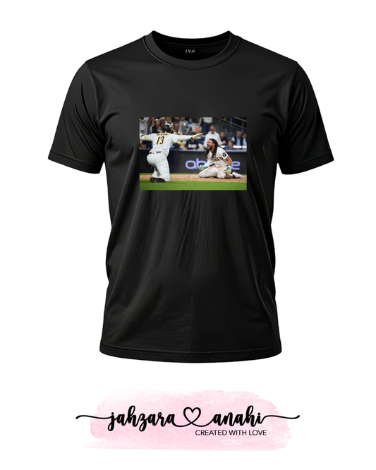 A black short-sleeve crewneck t-shirt featuring a rectangular graphic print of a baseball player sliding home on a field. 