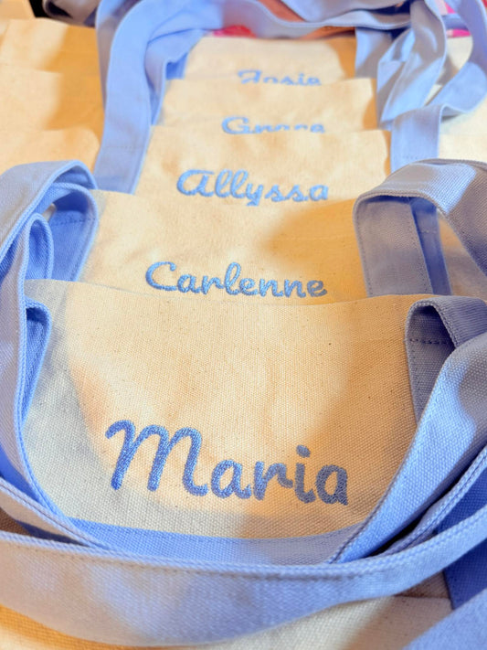 Embroidered Light Blue Tote Bag
